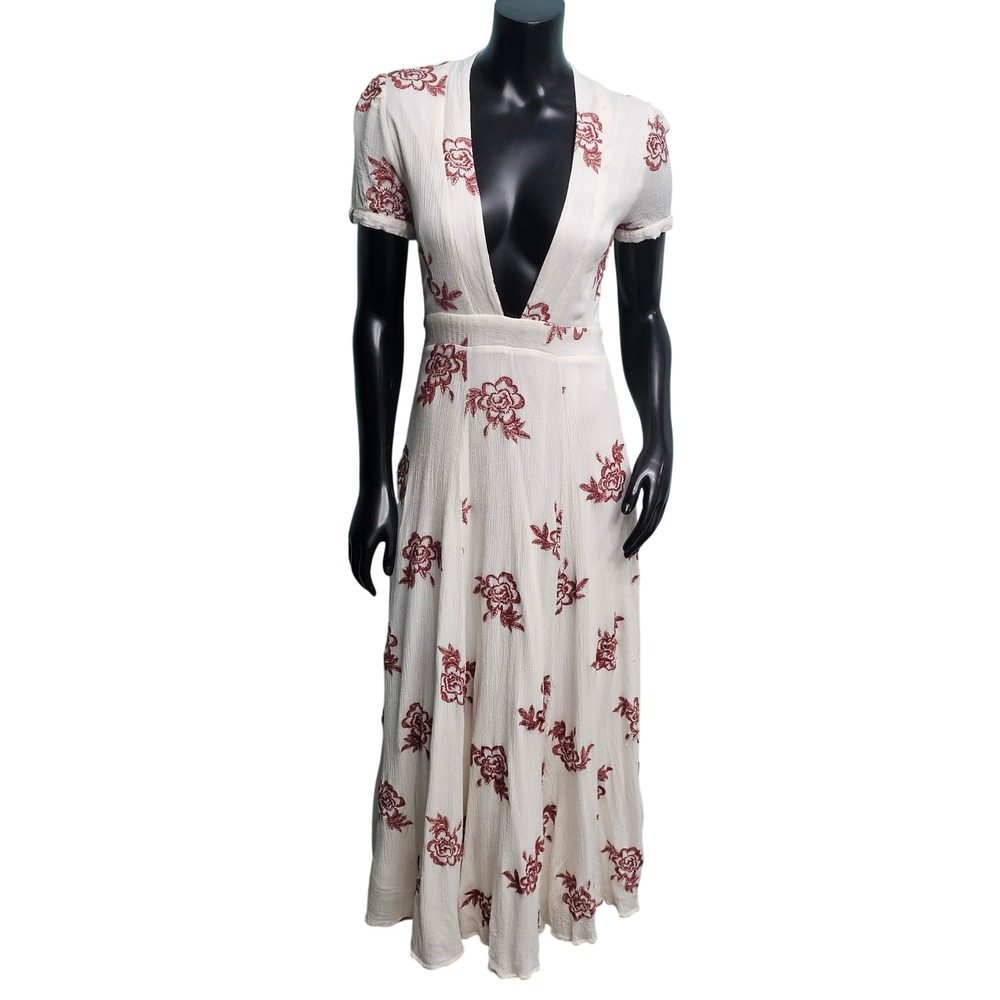 Sadie and Sage Cream Rust Floral Embroidered V-Neck Maxi Dress Short Sleeve